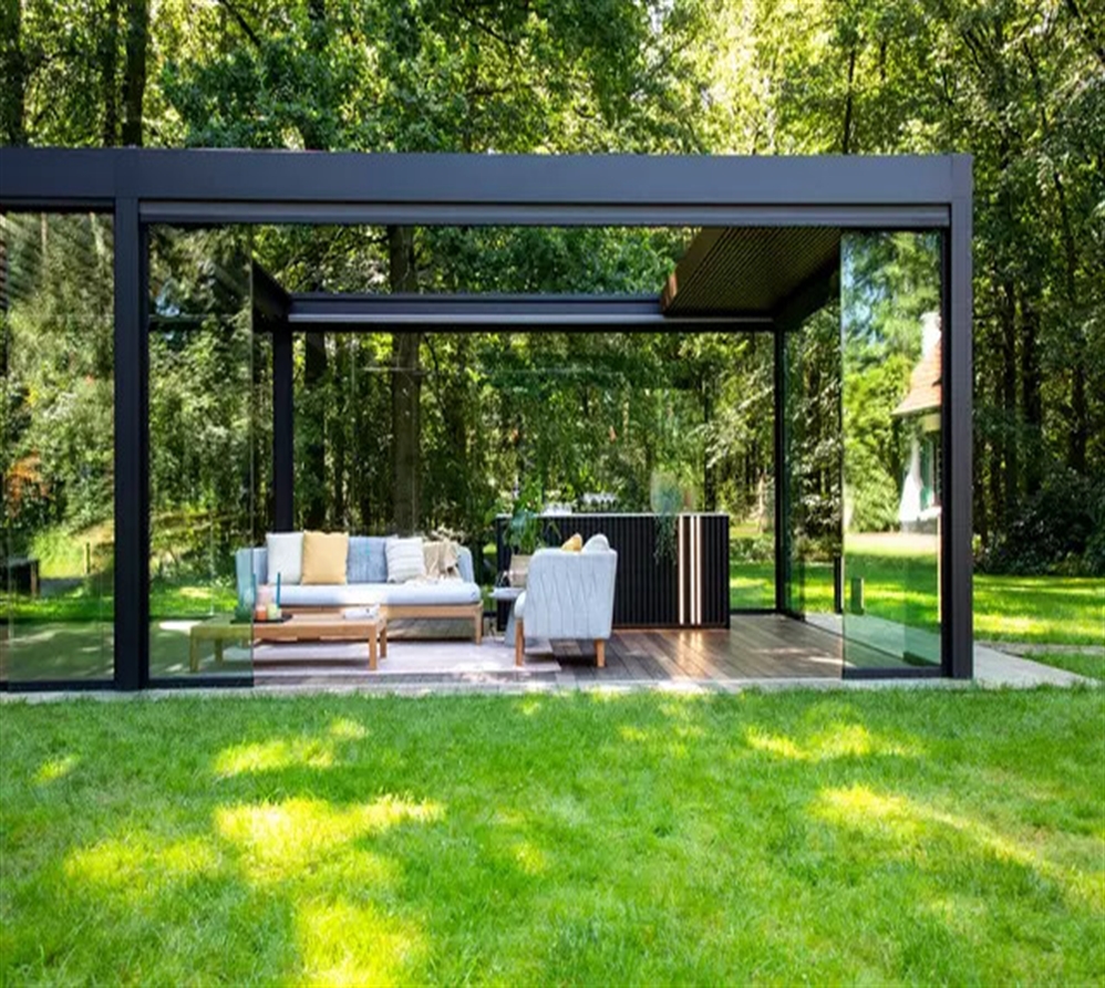 Black retractable louvered pergola with accessories