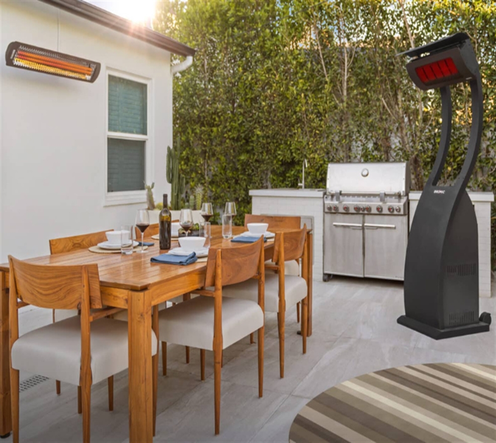 Modern patio with a dining table, grill, and heaters.