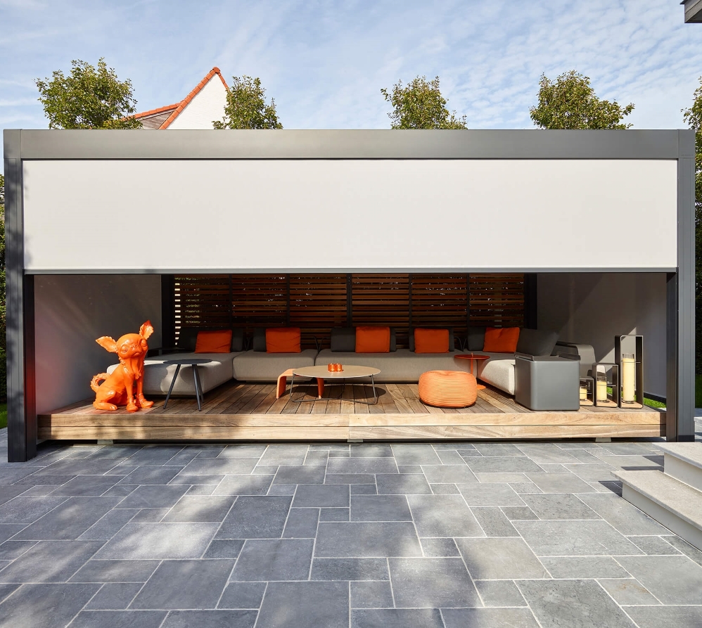 aluminum pergola with a freestanding screen integrated into its frame aluminum pergola with a freestanding screen integrated into its frame