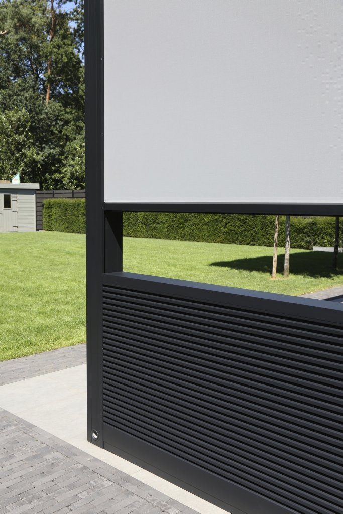 Linius black  aluminum wall cladding used as a half wall around a patio pergola perimeter