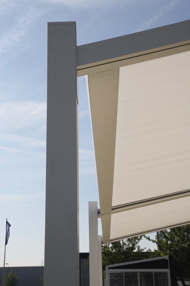 Close up of PVC pergola fabric, columns and channels Close up of PVC pergola fabric, columns and channels