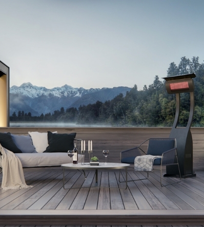 patio heater standing up covering patio furniture