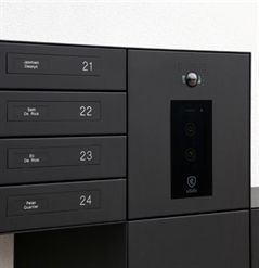 close up of a series of black aluminum mailboxes for an apartment complex with unit numbers