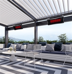 louvred roof system overlooking trees with gas heaters attached to its frame