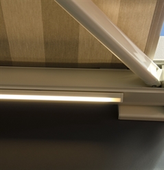 close up of the light beam feature of the fabric awning