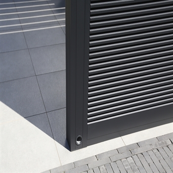 Close up corner view of the Linius black metal cladding wall