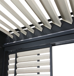 White Wood finish aluminum louvers in both the roof of a pergola louvers and side Loggia panels