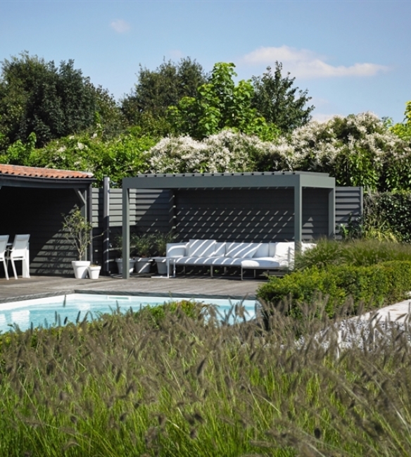 black louvred pergola pool site with a seating area underneath in the day time surrounded by plants