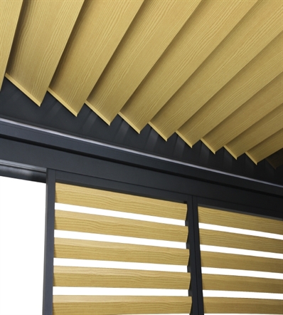 Close up of Wood finish aluminum louvers shown in both the pergola louvers and side Loggia panels