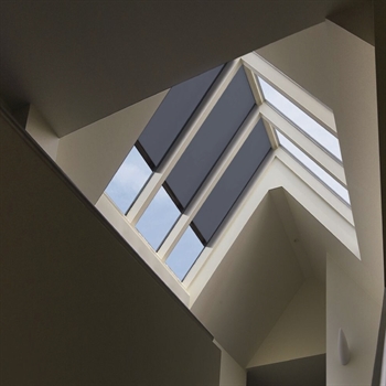 view from inside out of a skylight window with a black exterior screen installed outside