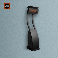 image of a black portable outdoor heater amongst a light blue background