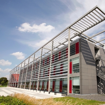 Aluminum horizontal louvered external sun shading outside of a building