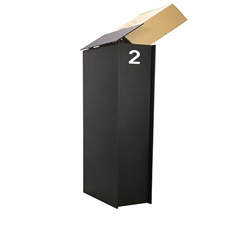 rendering of a black aluminum mailbox with a house number integrated and a yellow package on top