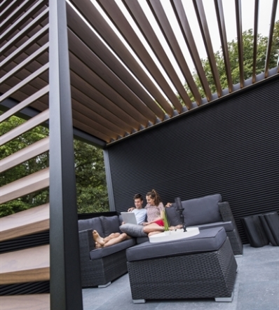 Linus black metal cladding side wall of an outdoor retractable pergola