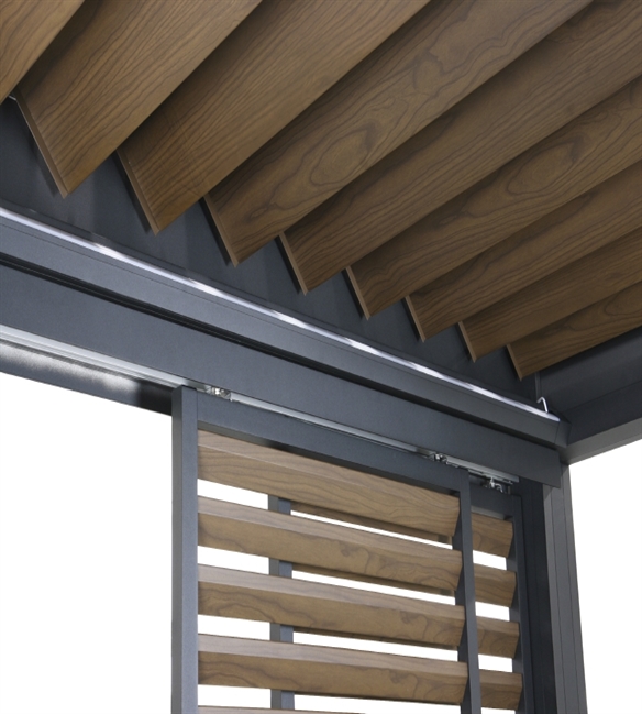 Brown Wood finish aluminum louvers in both the roof of a pergola louvers and side Loggia panels