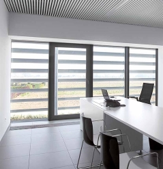 Inside out view of horizontal aluminum louvres on outside of office window providing shade