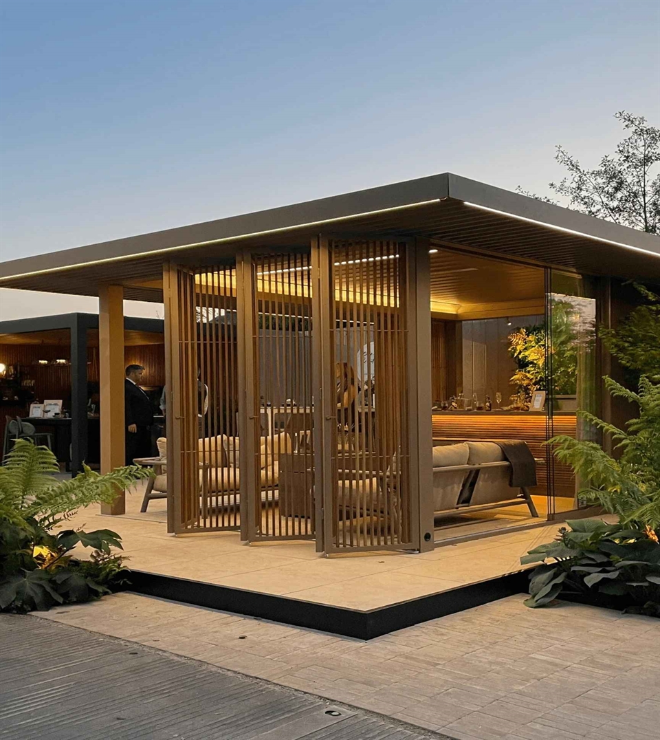 Renson Amani modular pergola with motorized louvered roof and integrated LED lighting.