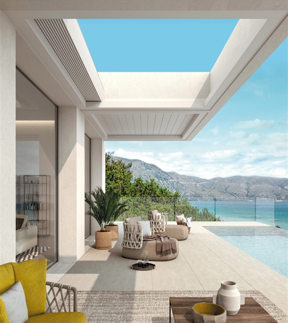 Pratic Brera louvered cantilevered pergola with white louvered overlooking mountains