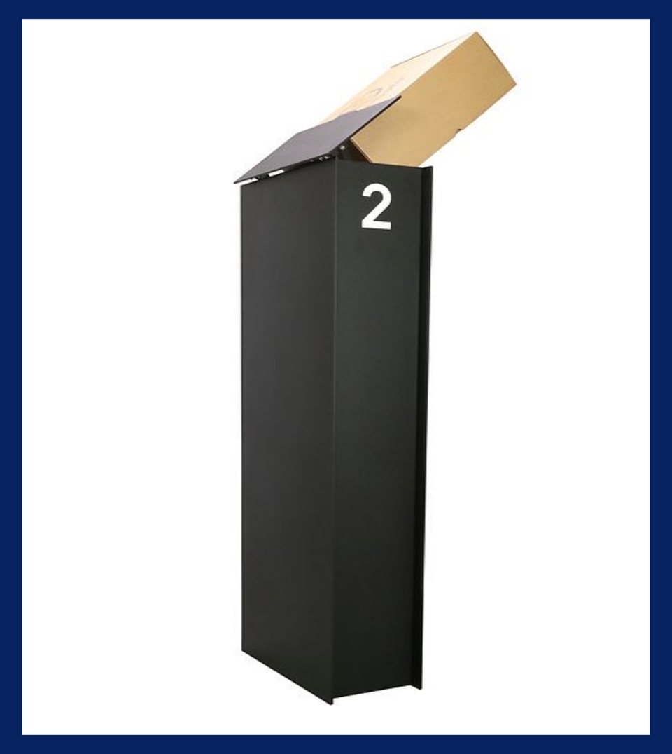 rendering of black mailbox with a brown box being inserted