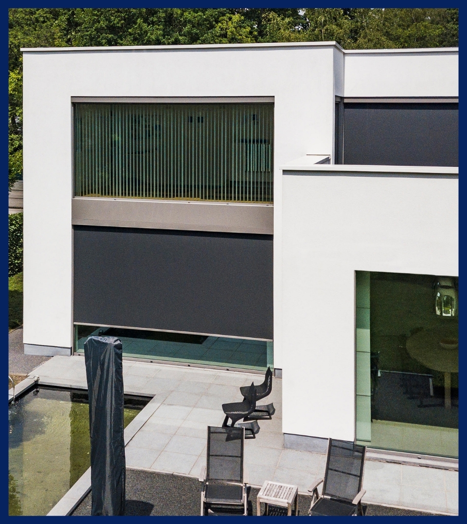 external motorized black sun protection screen surface mounted on the front of a window of a home