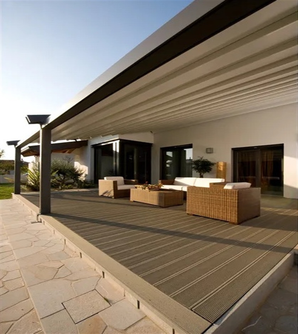Pratic Infinity designer sloped pergola with unique asymmetrical architectural lines.