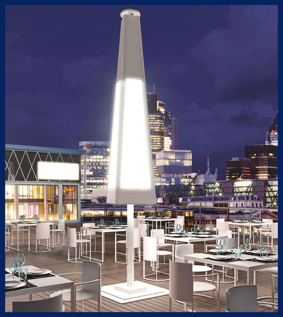 white backlit umbrella with white LED panels closed together in night on a patio white backlit umbrella with white LED panels closed together in night on a patio