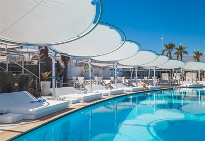 Many white Umbrosa Eclipsum model umbrellas in a row poolside at a resort