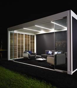 white led strip lighting integrated in the louvres of a white bioclimatic pergola