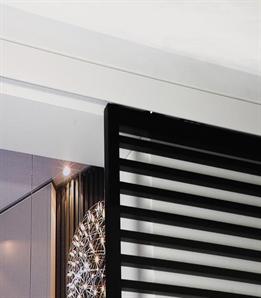 black aluminum sliding panel with louvres, close up of fixations