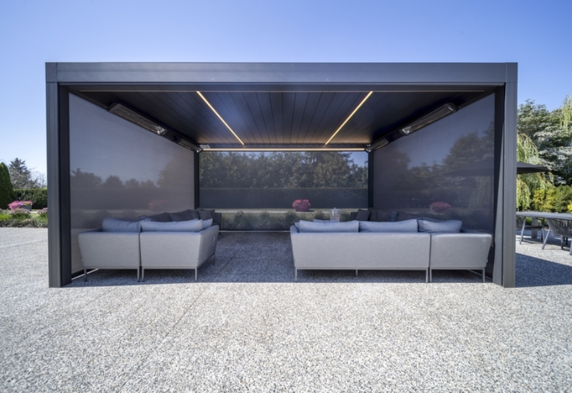Fully enclosed outdoor pergola lounge for all-season use