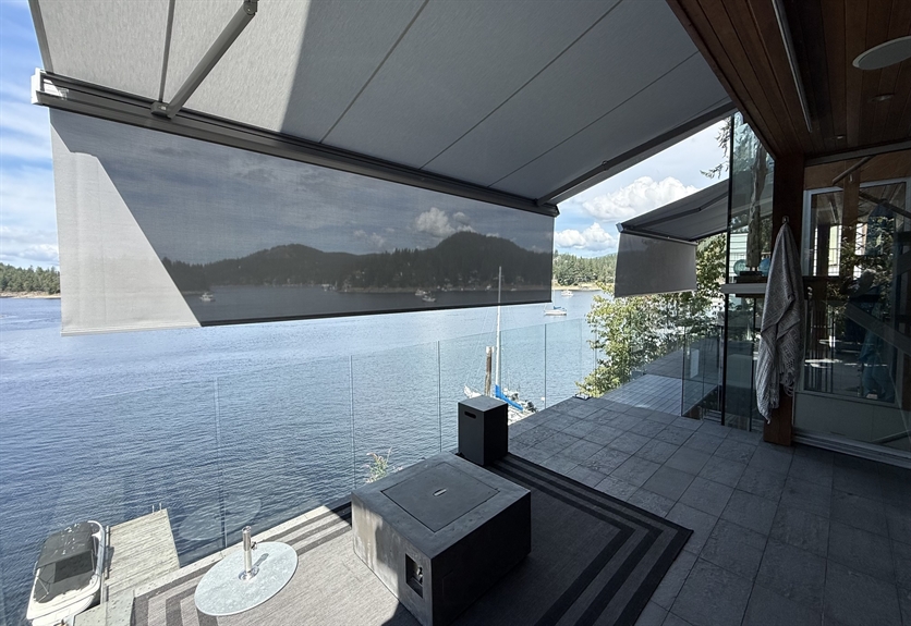 Two T-Hide awnings on waterfront balcony