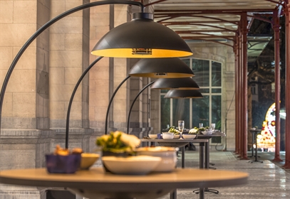 dome heaters at night time on a commercial patio