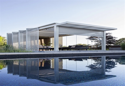 Renson Amani modular pergola with motorized louvered roof and lighting