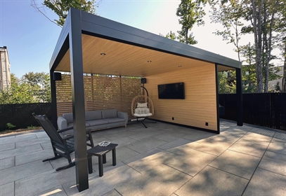 Cubrics Origin modern hard-top pavilion with a fixed roof and accessories