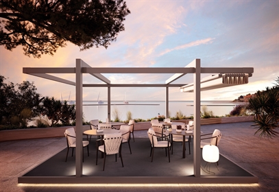A freestanding pvc retractable pergola on an elevated deck 
