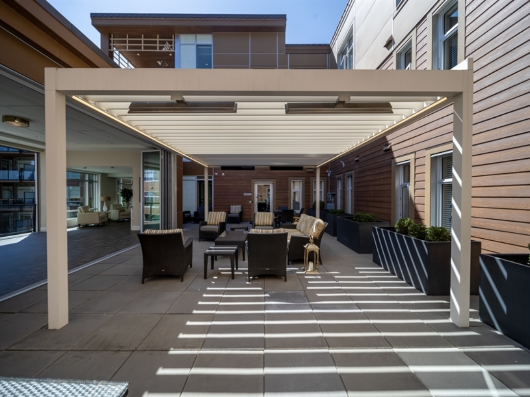 Motorized louvered pergola at AMICA Lions Gate Motorized louvered pergola at AMICA Lions Gate