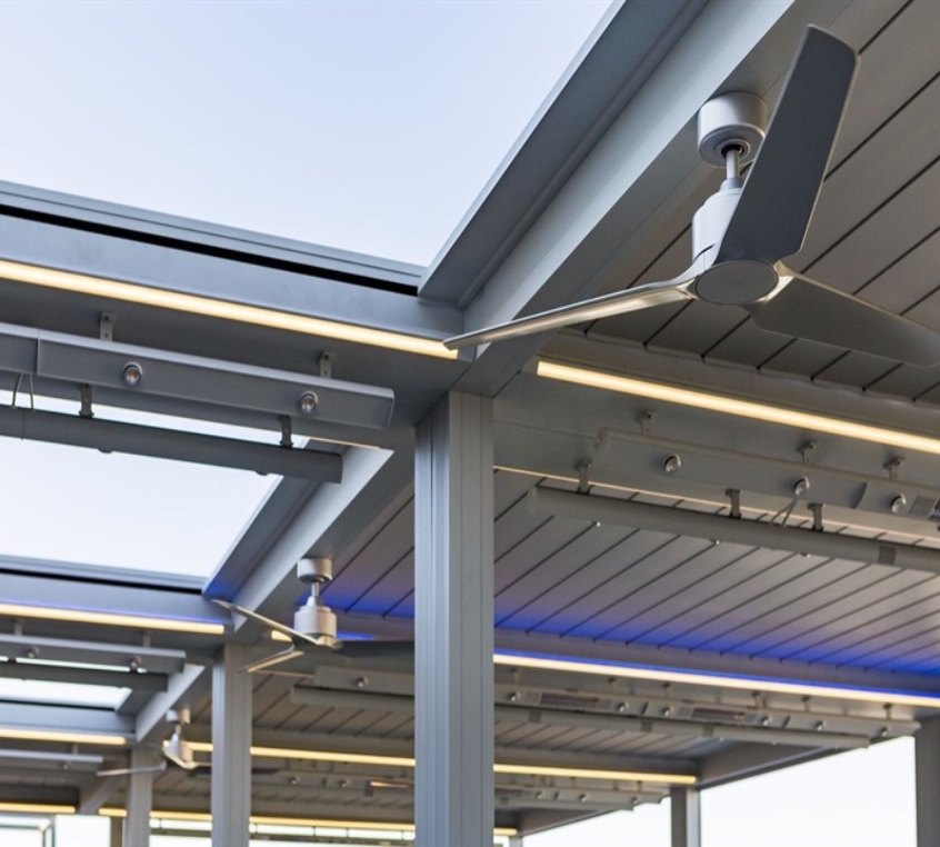 close up of lighting features of a louvred pergola