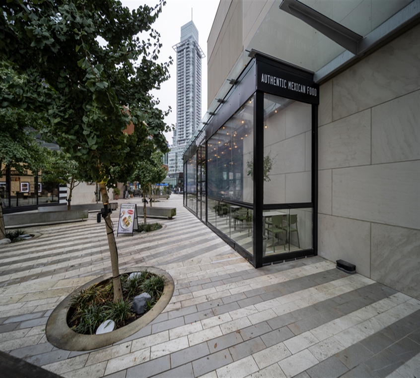 Side view of a restaurant patio in a mall