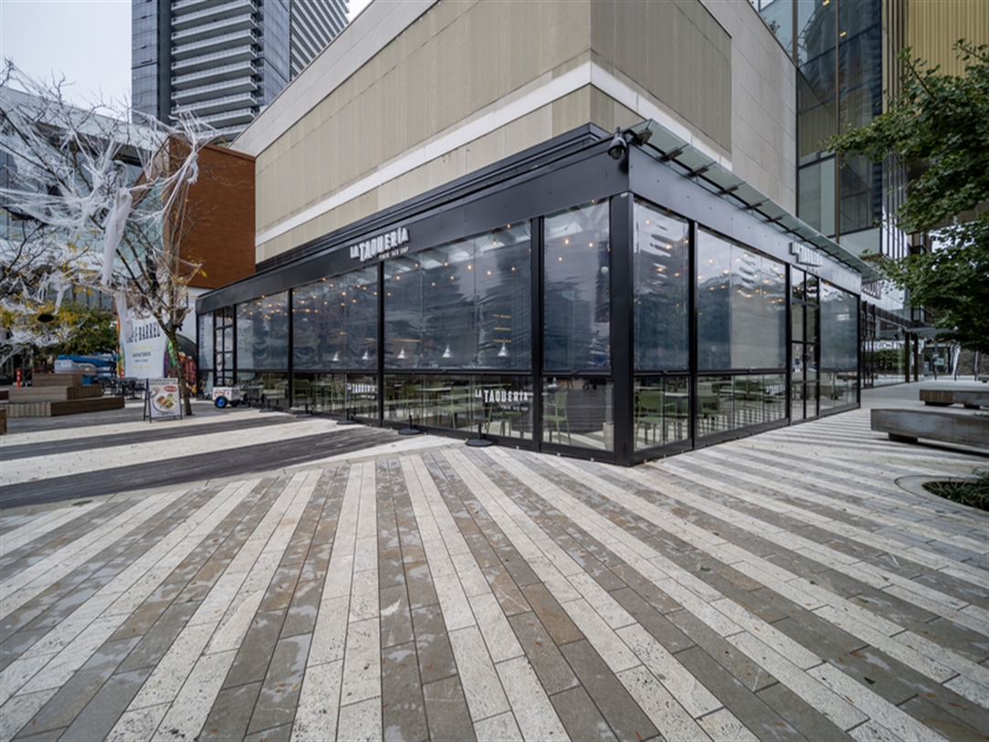 Front view of a an enclosed restaurant patio