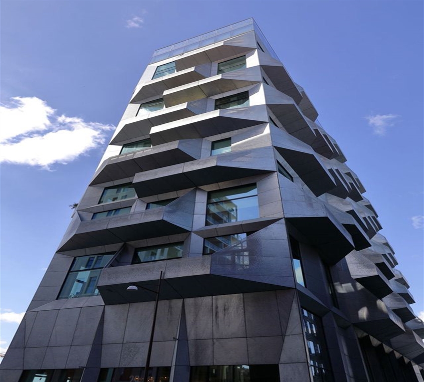 close up of unique geometric silver building