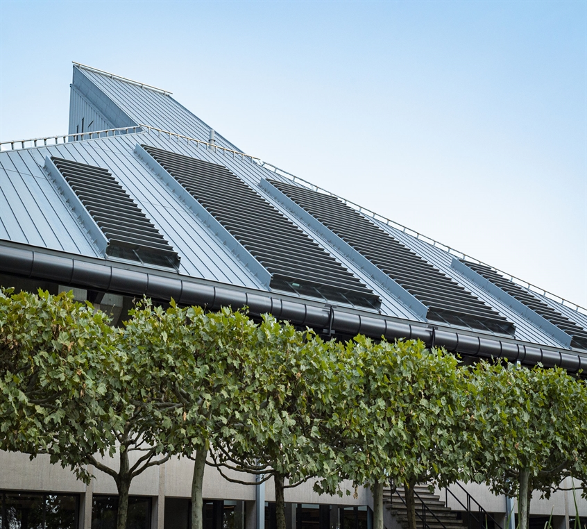 Close up of a building with trees in front