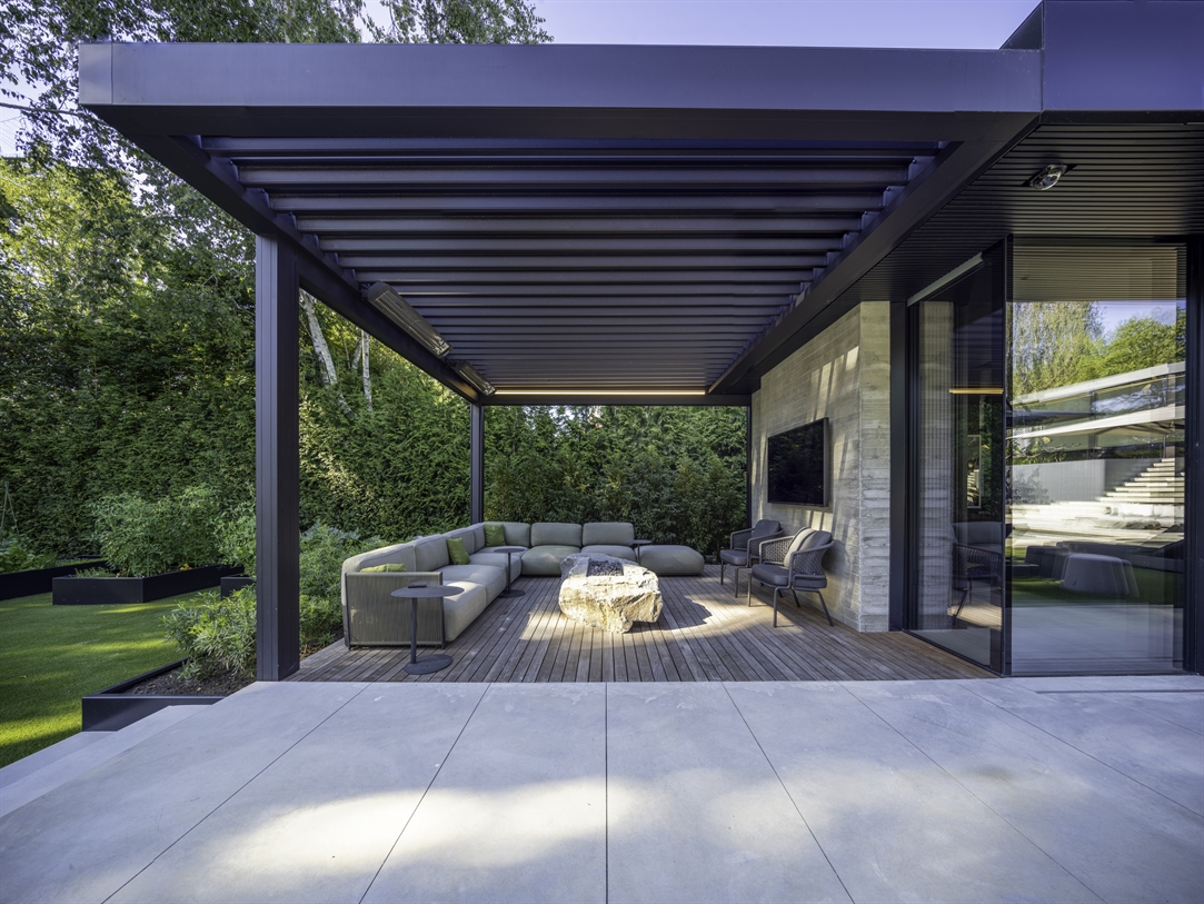 Modern architecture with pergola integration Modern architecture with pergola integration