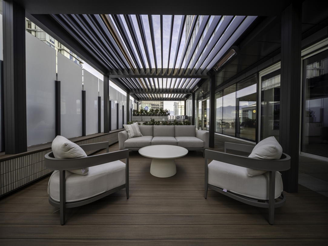 Camargue louvered pergola terrace at The Stack