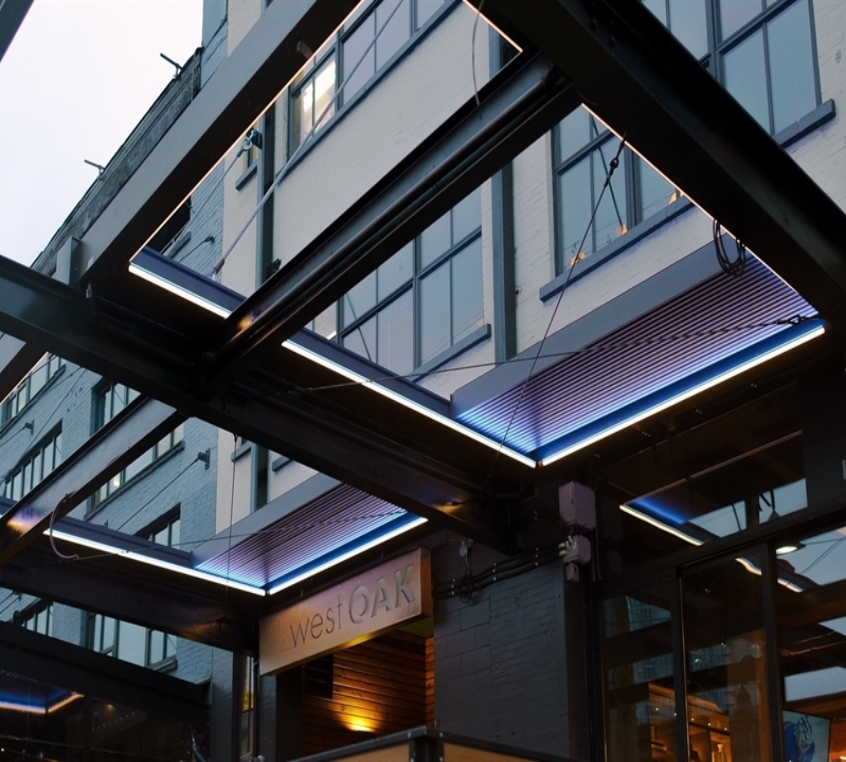 Colourful LED lights illuminate the pergola 