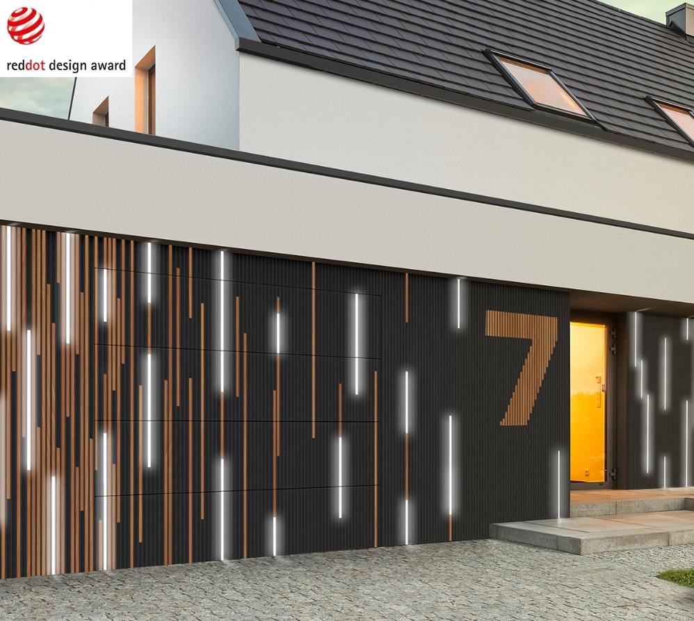 Vertical style wall cladding with LED lighting and wooden inserts installed on a home Vertical style wall cladding with LED lighting and wooden inserts installed on a home