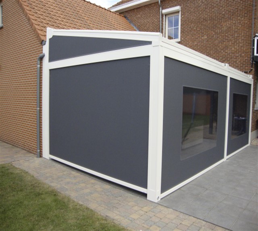 grey fabric pvc pergola system enclosed with a fabric triangle at the top for added protection