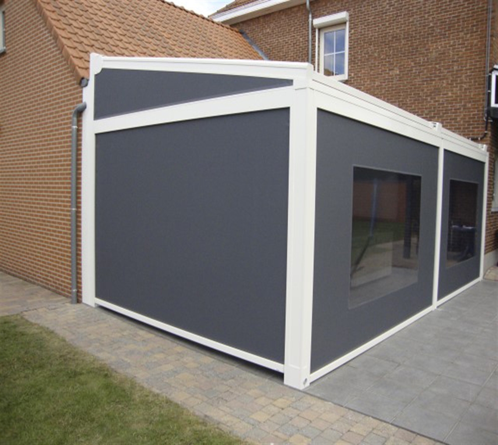 grey fabric pvc pergola system enclosed with a fabric triangle at the top for added protection grey fabric pvc pergola system enclosed with a fabric triangle at the top for added protection