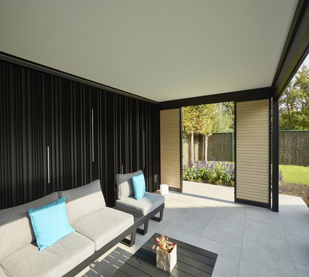 Renson Algarve Canvas wall mounted fixed roof pergola with seamless fabric ceiling and accessories