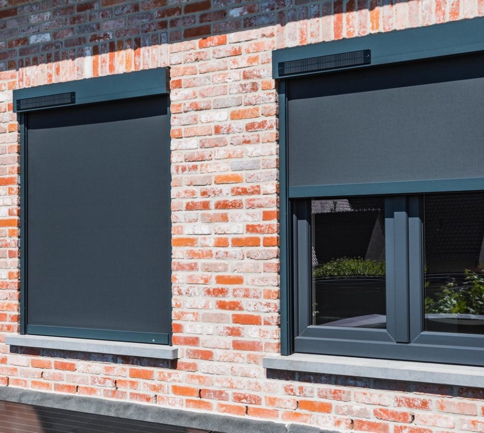 black solar powered external motorized screen in daytime black solar powered external motorized screen in daytime