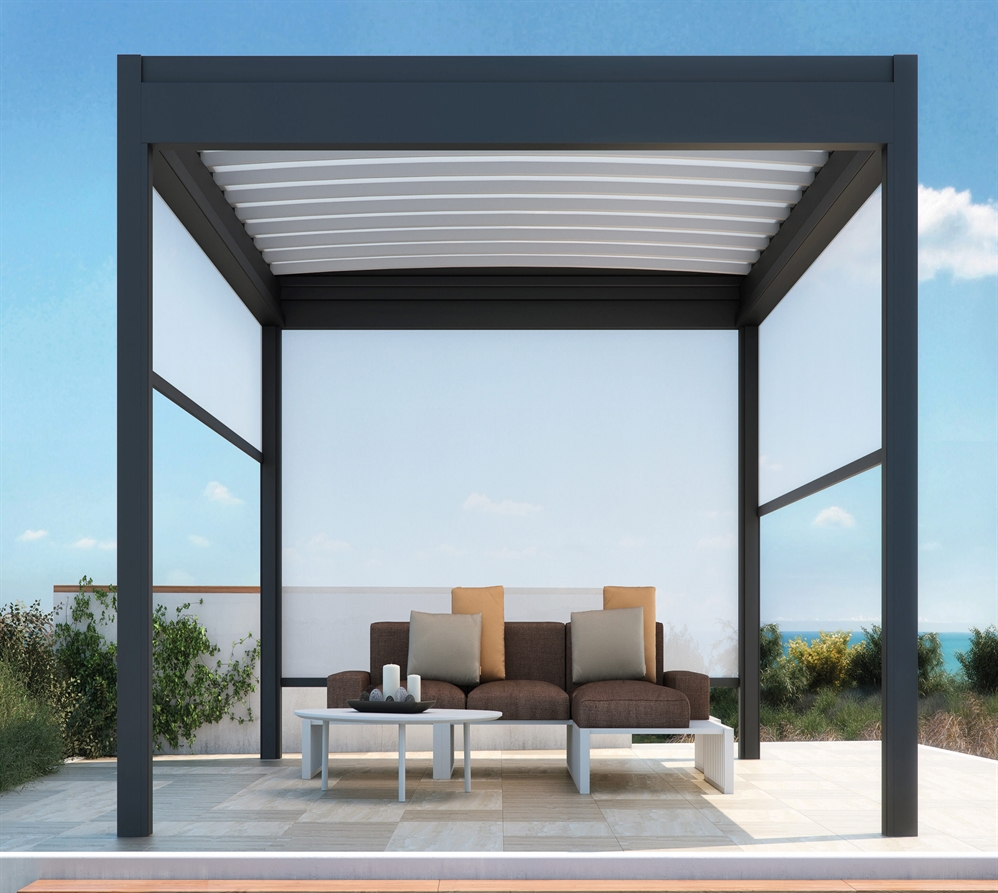 A freestanding motorized retractable pvc pergola poolside with furniture below A freestanding motorized retractable pvc pergola poolside with furniture below